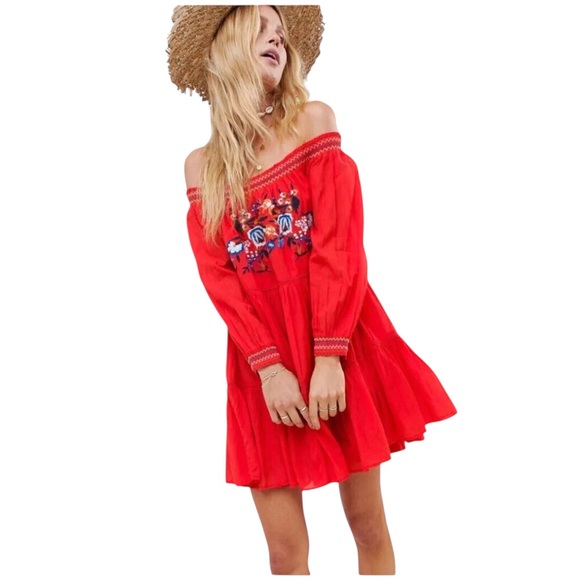 Free People Dresses & Skirts - Free People Sunbeams Mini Dress Medium Off Shoulder Embroidered